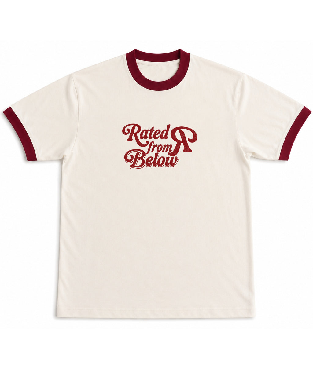 Off White & Maroon Ringer tee Front Design