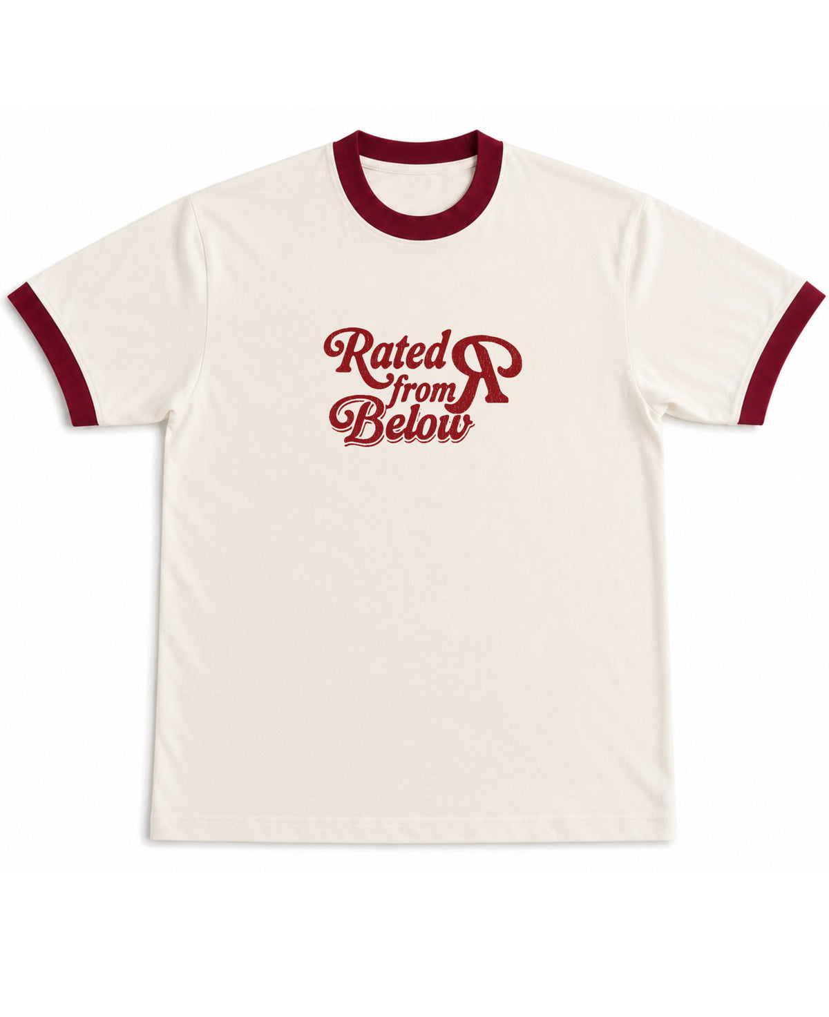 Off White & Maroon Ringer tee Front Design